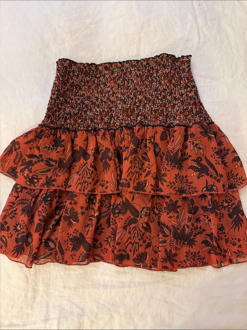 Zara Rust Floral Smocked Tiered Mini Skirt